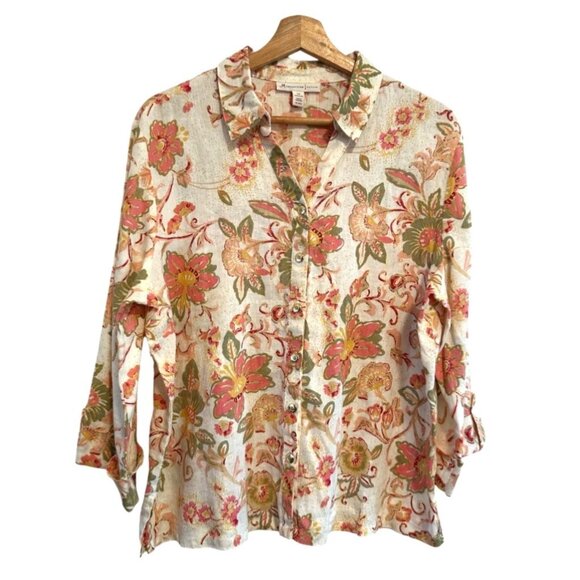JM Collection Women's Pink Floral Long Sleeve Button Down Linen Blouse Size 16 P - Picture 1 of 10